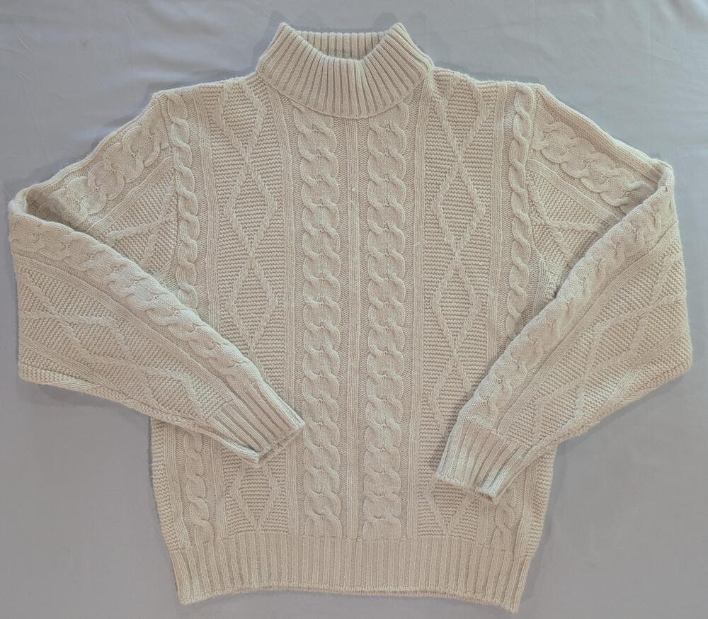 Vintage Lord Jeff Sweater Mens L White Cable Knit Mock Neck Acrylic USA Pullover